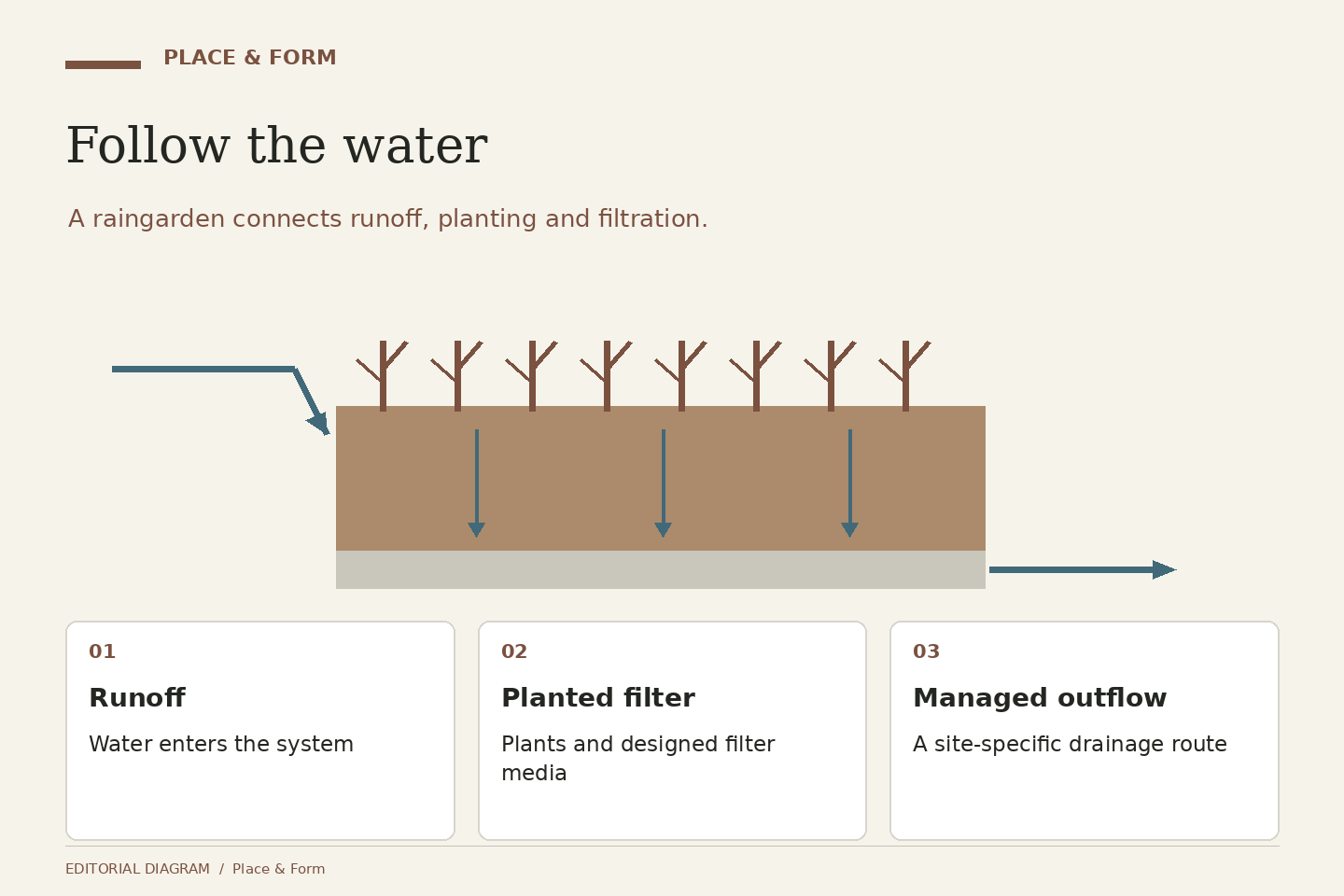 Follow the water: Runoff — Water enters the system; Planted filter — Plants and designed filter media; Managed outflow — A site-specific drainage route.